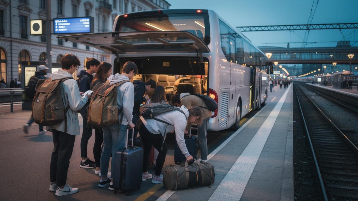Students with backpacks boarding an overnight coach at a European station platform